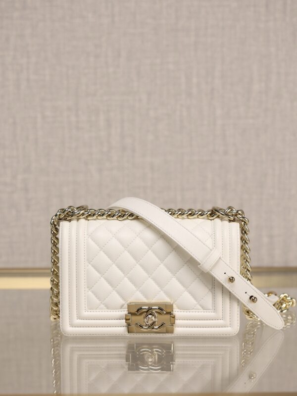 Chanel Le Boy Small Flap Bag – White Caviar Calfskin with Light Gold Hardware