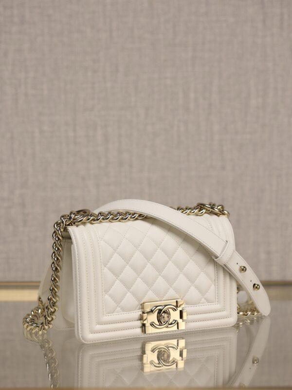 Chanel Le Boy Small Flap Bag – White Caviar Calfskin with Light Gold Hardware