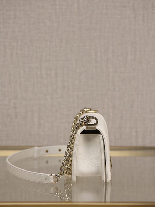 Chanel Le Boy Small Flap Bag – White Caviar Calfskin with Light Gold Hardware