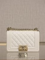 Chanel Le Boy Small Flap Bag – White Caviar Calfskin with Light Gold Hardware
