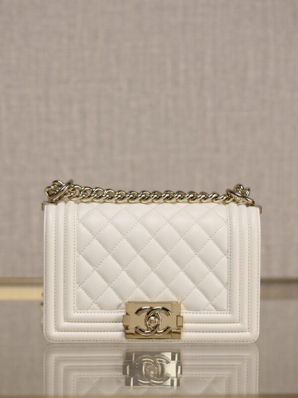 Chanel Le Boy Small Flap Bag – White Caviar Calfskin with Light Gold Hardware