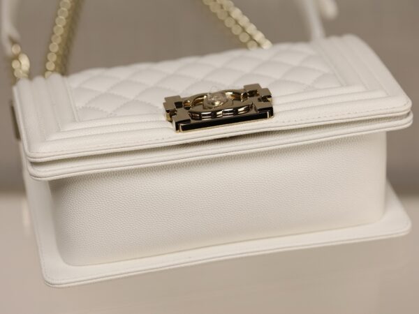 Chanel Le Boy Small Flap Bag – White Caviar Calfskin with Light Gold Hardware