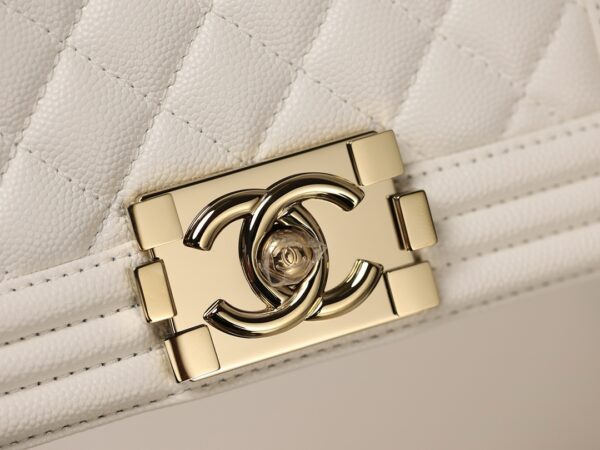 Chanel Le Boy Small Flap Bag – White Caviar Calfskin with Light Gold Hardware