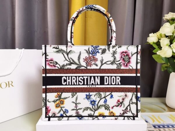 Dior Top-tier Imported Original Embroidery Shopping Bag – New White Iris Medium Size