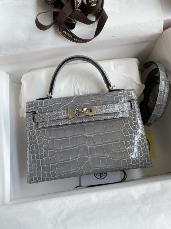 Hermès Kelly II 19cm – Shiny Alligator Leather in Glacier Grey with Silver Hardware