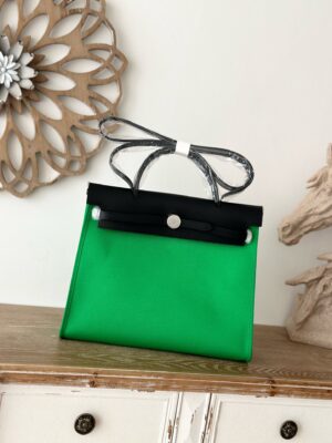 Hermès Herbag 31cm – Bamboo Green with Black Flap | Silver Hardware (Exposed Stitching)